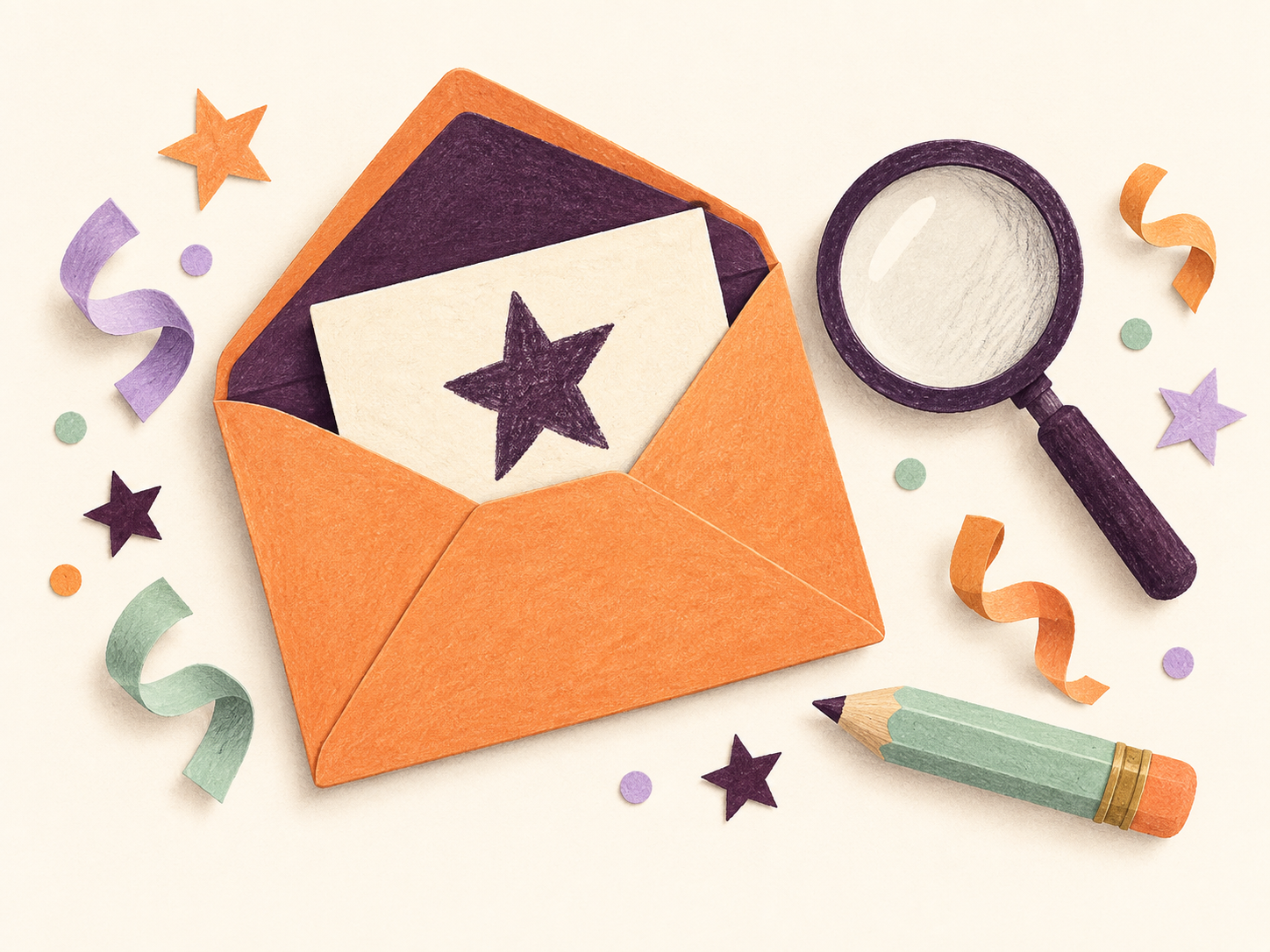 An illustrated orange birthday envelope, a star clue, a magnifying glass and a mint pencil surrounded by paper confetti.